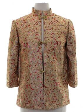 Vintage 90s Women's Medium Metallic Tunic Jacket Asian Inspired Hook Closure